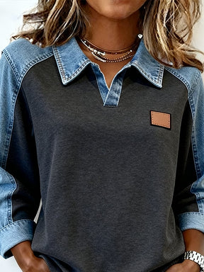Winter Color Block Denim Longsleeve Top warm & stylisch