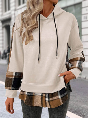 Kuscheliger Winter Hoodie karamell mit Karo-Saum Damen