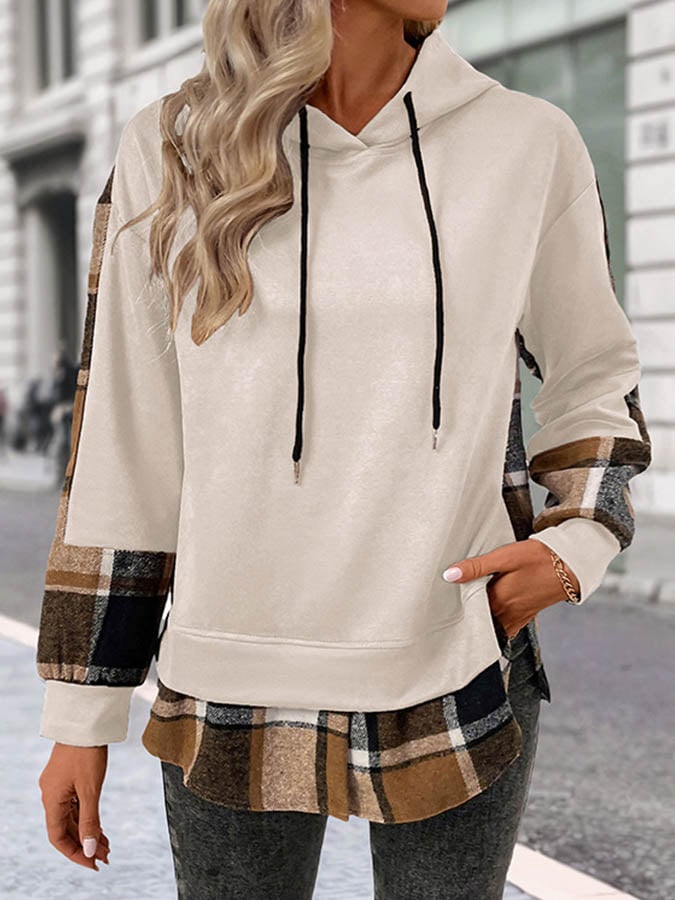 Kuscheliger Winter Hoodie karamell mit Karo-Saum Damen