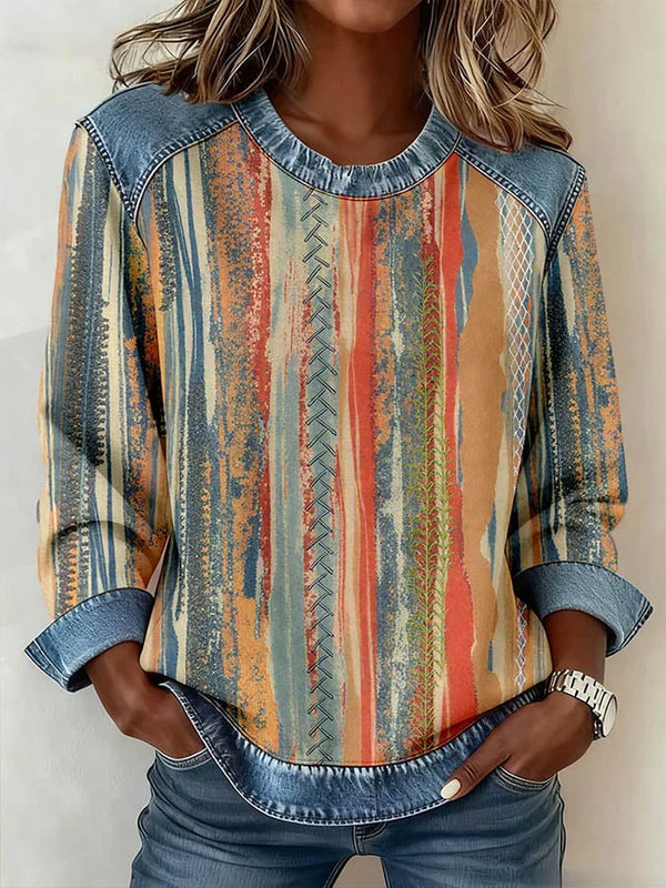 Winter Damen Sweatshirt Boho Denim Patchwork Pullover Warm