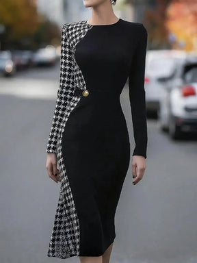 Trendiges Midi-Kleid mit Houndstooth-Print - Herbsts-Eleganz & Vintage-Chic