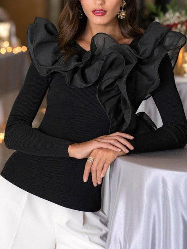 Elegantes schwarzes Winter-Volant Top für Festtage