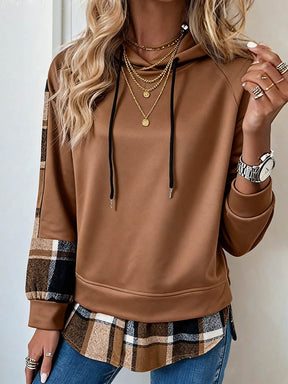 Kuscheliger Winter Hoodie karamell mit Karo-Saum Damen