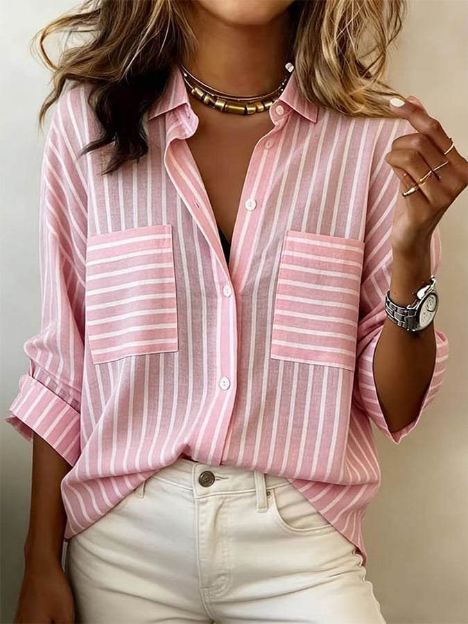 Winter Streifenbluse Rosa-Weiß – Wärmender Büro-Chic