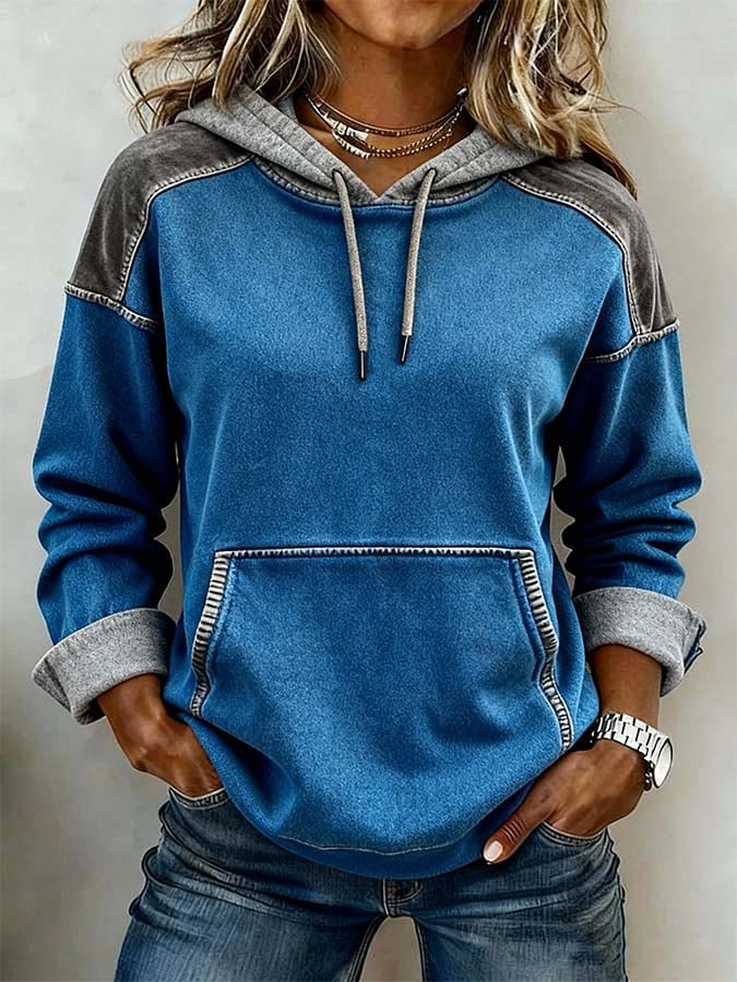 Winter Damen Hoodie Color Block warm kuschelig Jeansblau