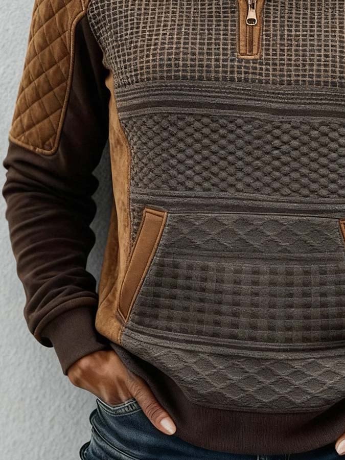 Damen Winter Half-Zip Pullover Braun Patchwork Kuschelig Warm