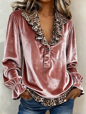 Winter Leopard Bluse altrosa V-Ausschnitt langarm cozy