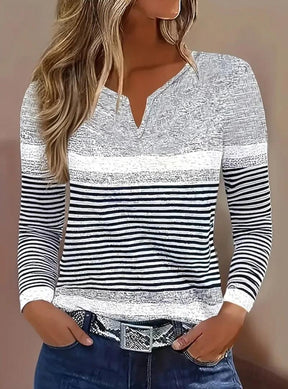 Youthful Notched Neck Striped Print Long Sleeve Top - Frischer Herbsts-Look