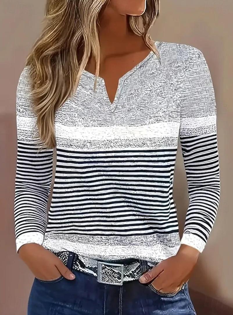 Youthful Notched Neck Striped Print Long Sleeve Top - Frischer Herbsts-Look