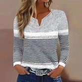 Youthful Notched Neck Striped Print Long Sleeve Top - Frischer Herbsts-Look