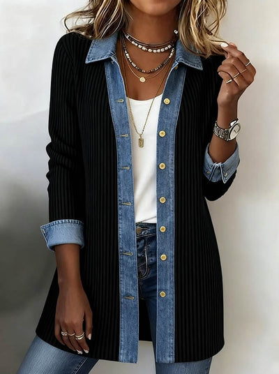 Winter Patchwork Longline Damenjacke Schwarz Denim-Chic