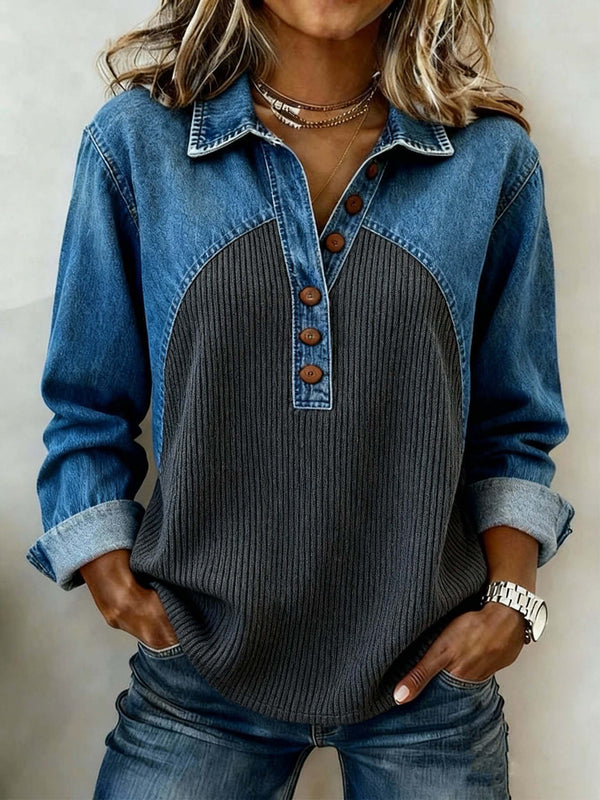 Damen Winter Sweatshirt Colorblock Denim Look kuschelig