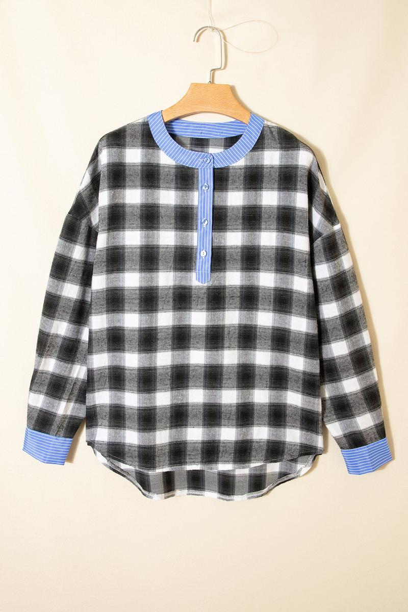 Winter Longsleeve Karo Shirt Schwarz Weiß mit blauem Akzent