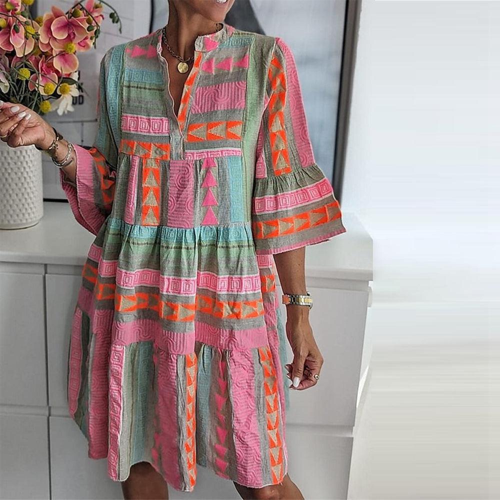 Fresh Print 3/4 Sleeve Mini Dress: Herbstshafter Farbenzauber für jeden Anlass