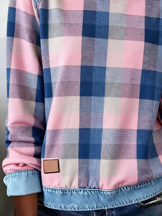 Kariertes Damen Winter Sweatshirt rosa-blau cozy chic