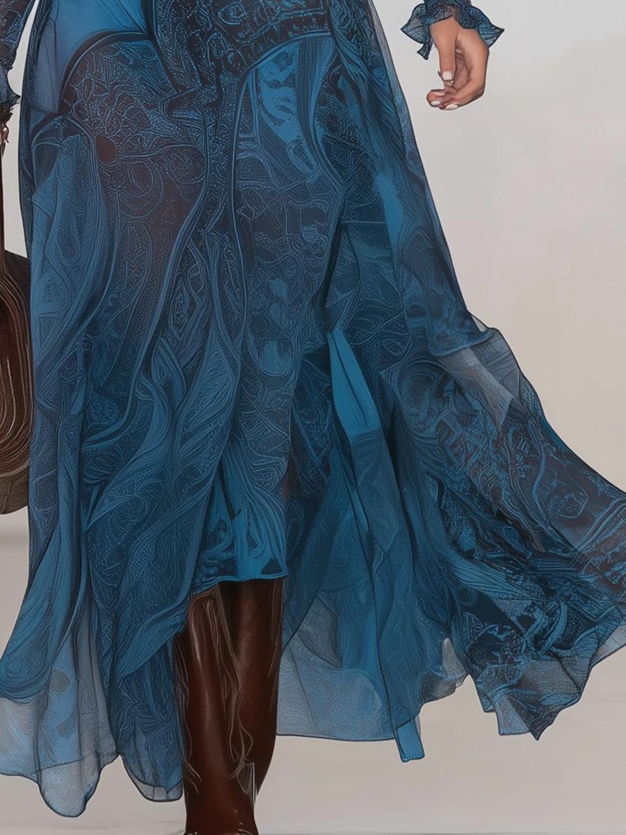 Winterzauber Eleganz: Groovy Blue Spitzen-Midi-Kleid mit Langarm