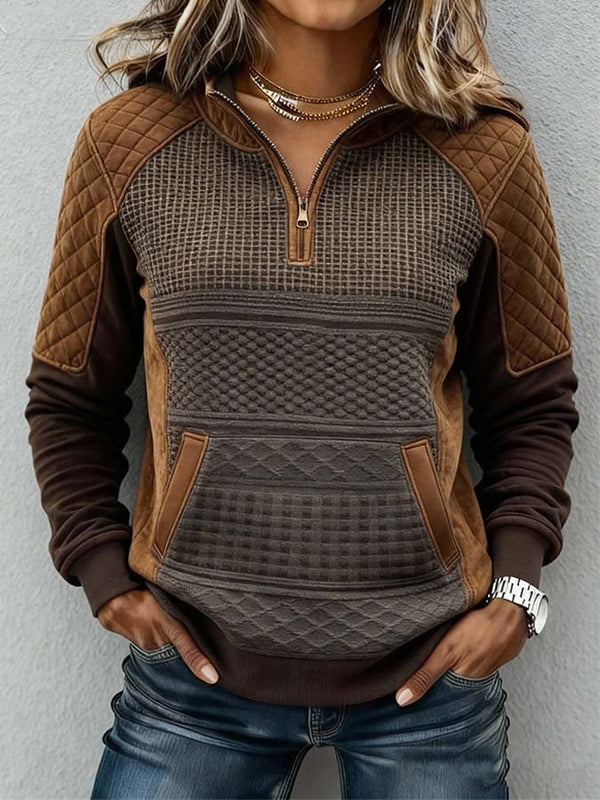 Damen Winter Half-Zip Pullover Braun Patchwork Kuschelig Warm
