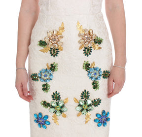 Dolce & Gabbana Weißes Brokat-Kristall-Etuikleid