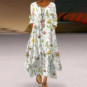 Youthful Print Round Neck Maxi Dress - Eleganz & Komfort für den Herbst