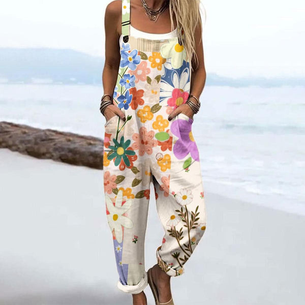 Herbstshafter Beige Floral Print Jumpsuit - Ärmellos, Komfortabel & Stilvoll