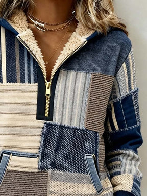 Kuscheliger Winter Hoodie Patchwork Blau Beige mit Teddyfutter