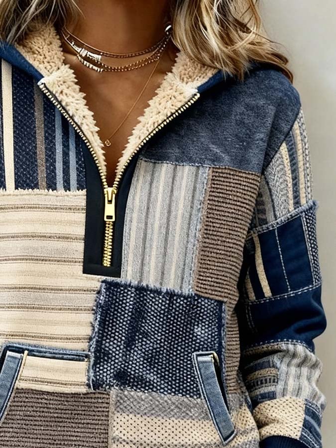 Kuscheliger Winter Hoodie Patchwork Blau Beige mit Teddyfutter
