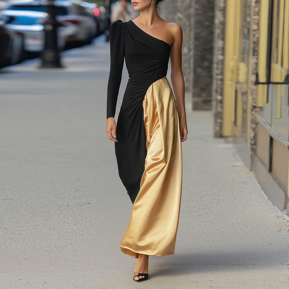 Vintage Maxikleid mit Farbblock-Design & Langarm - Herbstszauber in stilvoller Eleganz