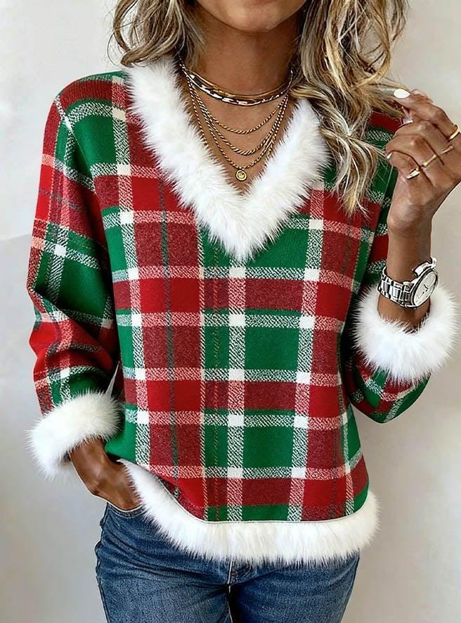 Kuscheliges Karo Christmas Top mit Kunstfell – Winter Damen