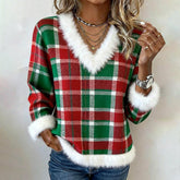 Kuscheliges Karo Christmas Top mit Kunstfell – Winter Damen