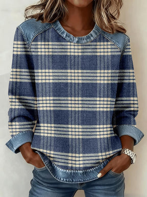 Herbstliches Groovy Denim Check Patchwork Langarm-Top - Ideal für kalte Tage