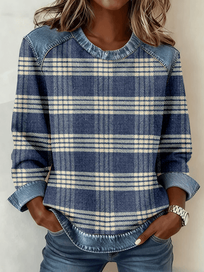 Damen Winter Sweatshirt Denim Patchwork Pullover kariert