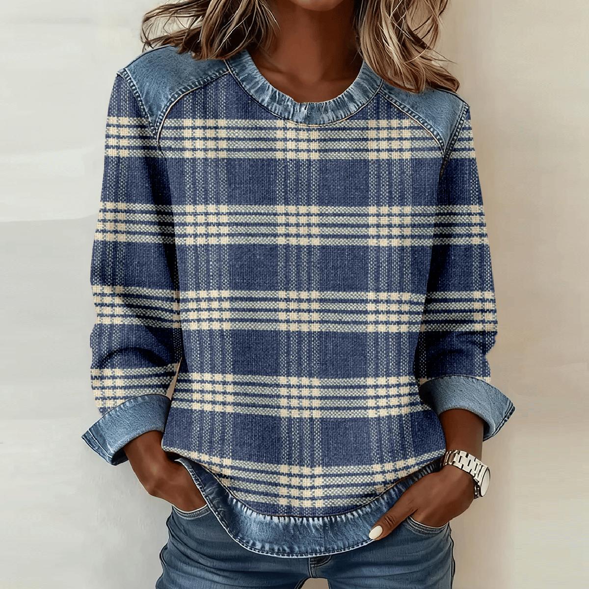 Herbstliches Groovy Denim Check Patchwork Langarm-Top - Ideal für kalte Tage