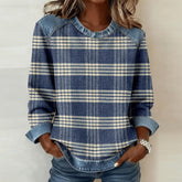 Herbstliches Groovy Denim Check Patchwork Langarm-Top - Ideal für kalte Tage