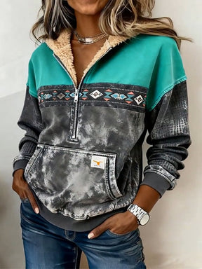 Kuscheliger Winter Hoodie Damen Ethno Grau Türkis Vintage