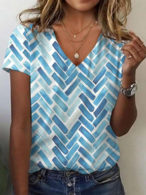 Winter V-Neck Top Blau-Weiß kurzarm – soft & stylisch