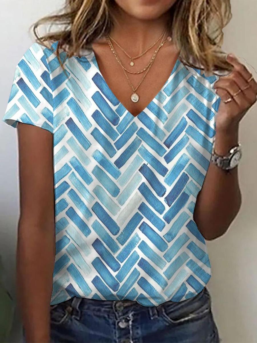 Winter V-Neck Top Blau-Weiß kurzarm – soft & stylisch