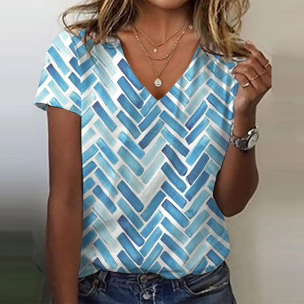 Winter V-Neck Top Blau-Weiß kurzarm – soft & stylisch