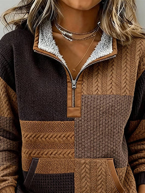 Kuscheliger Sherpa Half-Zip Pullover Winter Patchwork Braun