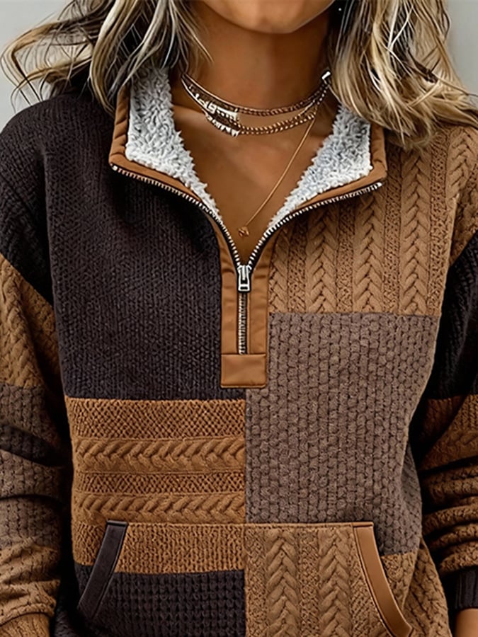 Kuscheliger Winter Half-Zip Hoodie mit Teddyfutter Braun Patchwork