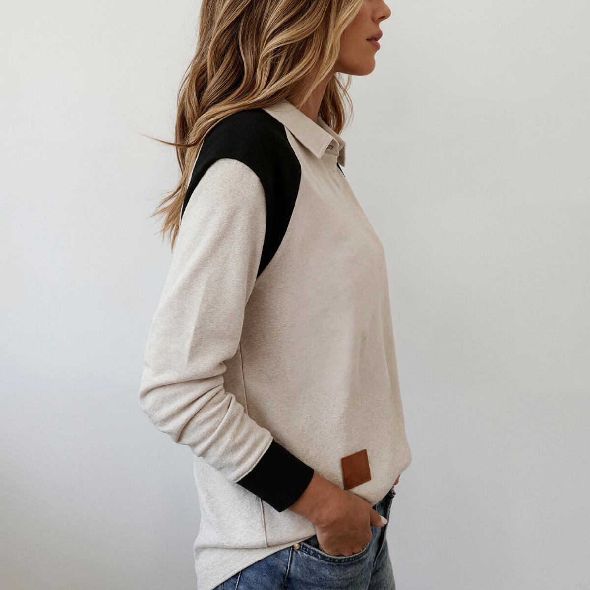 Kuscheliges Winter Color Block Damen Longsleeve mit Kragen