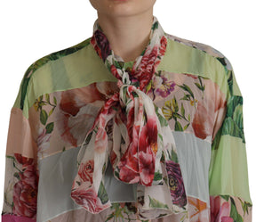 Dolce & Gabbana Multicolor Floral Patchwork Design Ascot Kragen Top Bluse