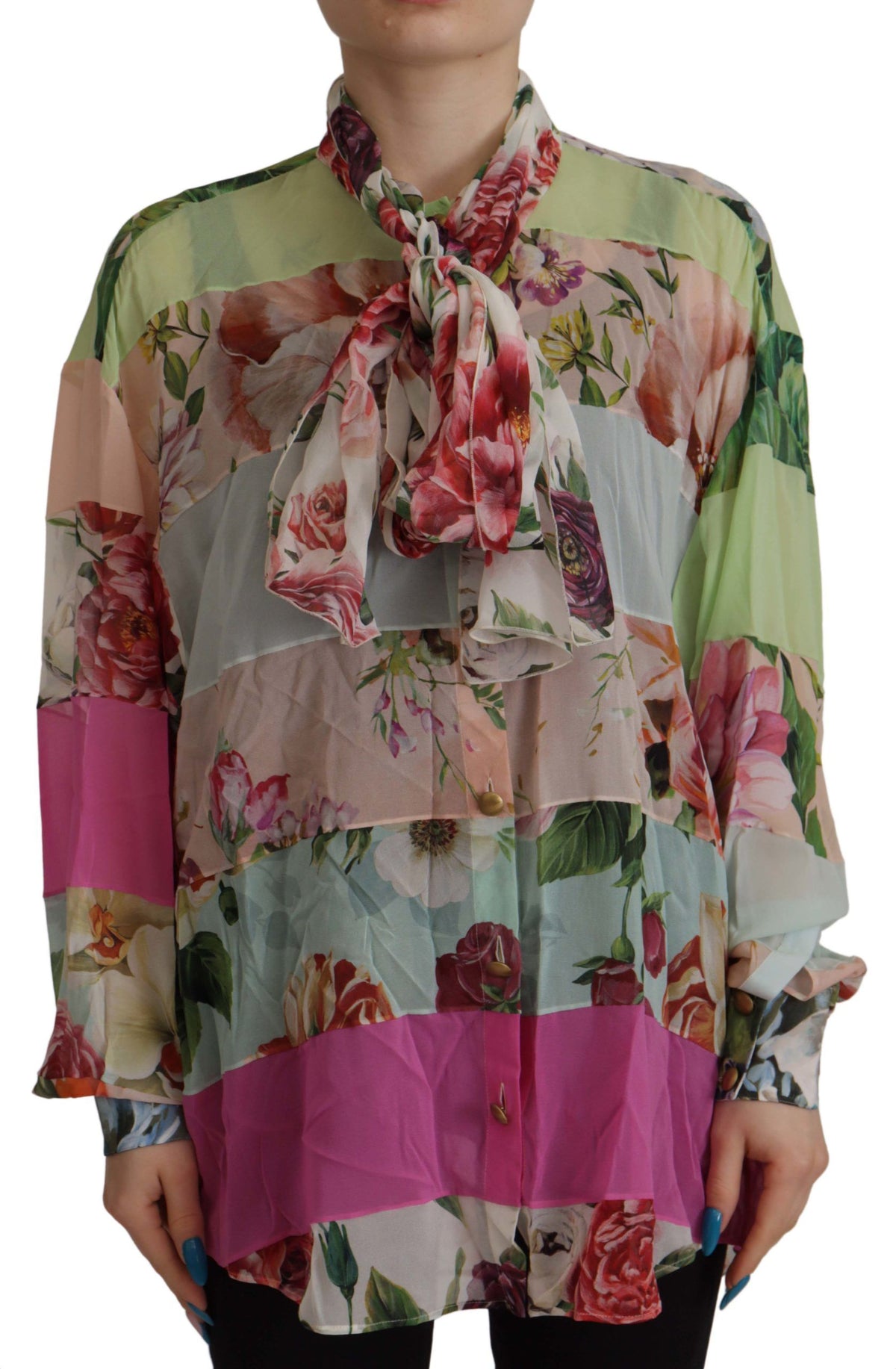 Dolce & Gabbana Multicolor Floral Patchwork Design Ascot Kragen Top Bluse