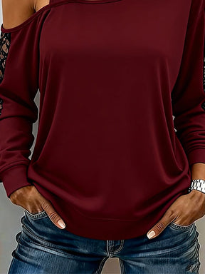 Bordeaux One Shoulder Winter Shirt mit Spitze Damen Casual