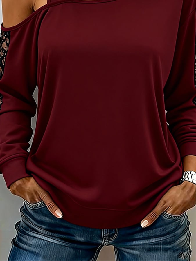 Bordeaux One Shoulder Winter Shirt mit Spitze Damen Casual