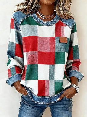 Damen Winter Patchwork Sweatshirt Rosa Denim Casual Pullover
