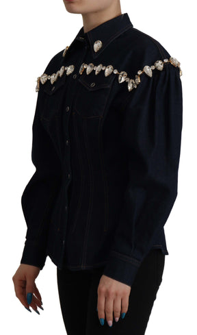 Dolce & Gabbana Blaue Denim Jacke aus Baumwolle mit Kristallverzierung