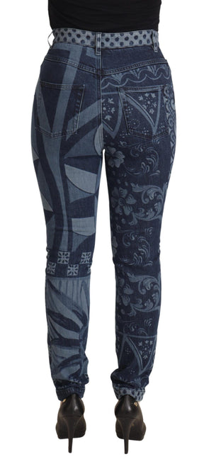 Dolce & Gabbana Blaue, geblümte Skinny-Jeans mit hoher Taille