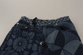 Dolce & Gabbana Blaue, geblümte Skinny-Jeans mit hoher Taille