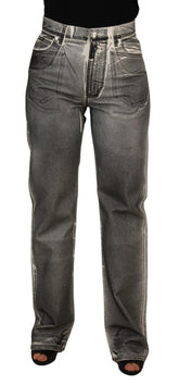 Dolce & Gabbana Graue gewaschene Denim-Hose mit hoher Taille Baumwolljeans