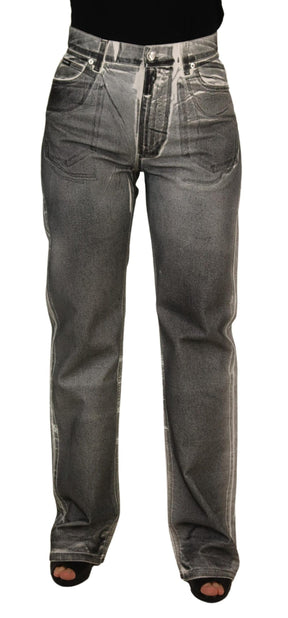 Dolce & Gabbana Graue gewaschene Denim-Hose mit hoher Taille Baumwolljeans
